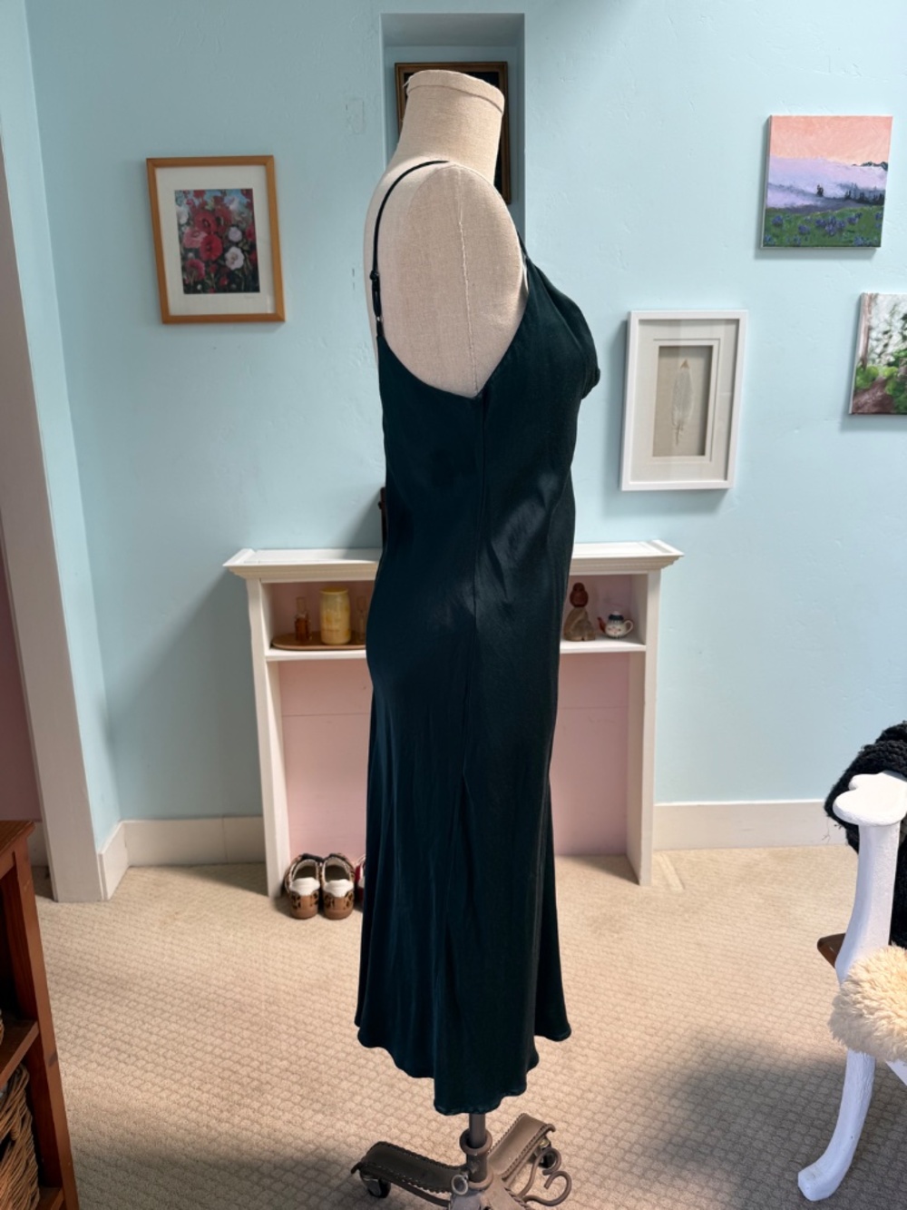 Zara forest green/ dark teal satin cowl neck midi slip dress | Size large - Picture 2 of 6